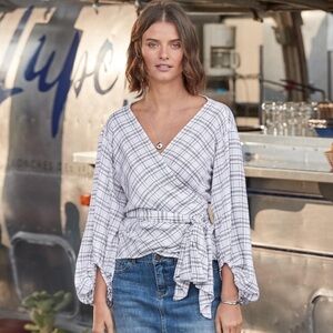 Sundance Dora Windowpane Check Gauze True Wrap Top Billowy Balloon Sleeves Small